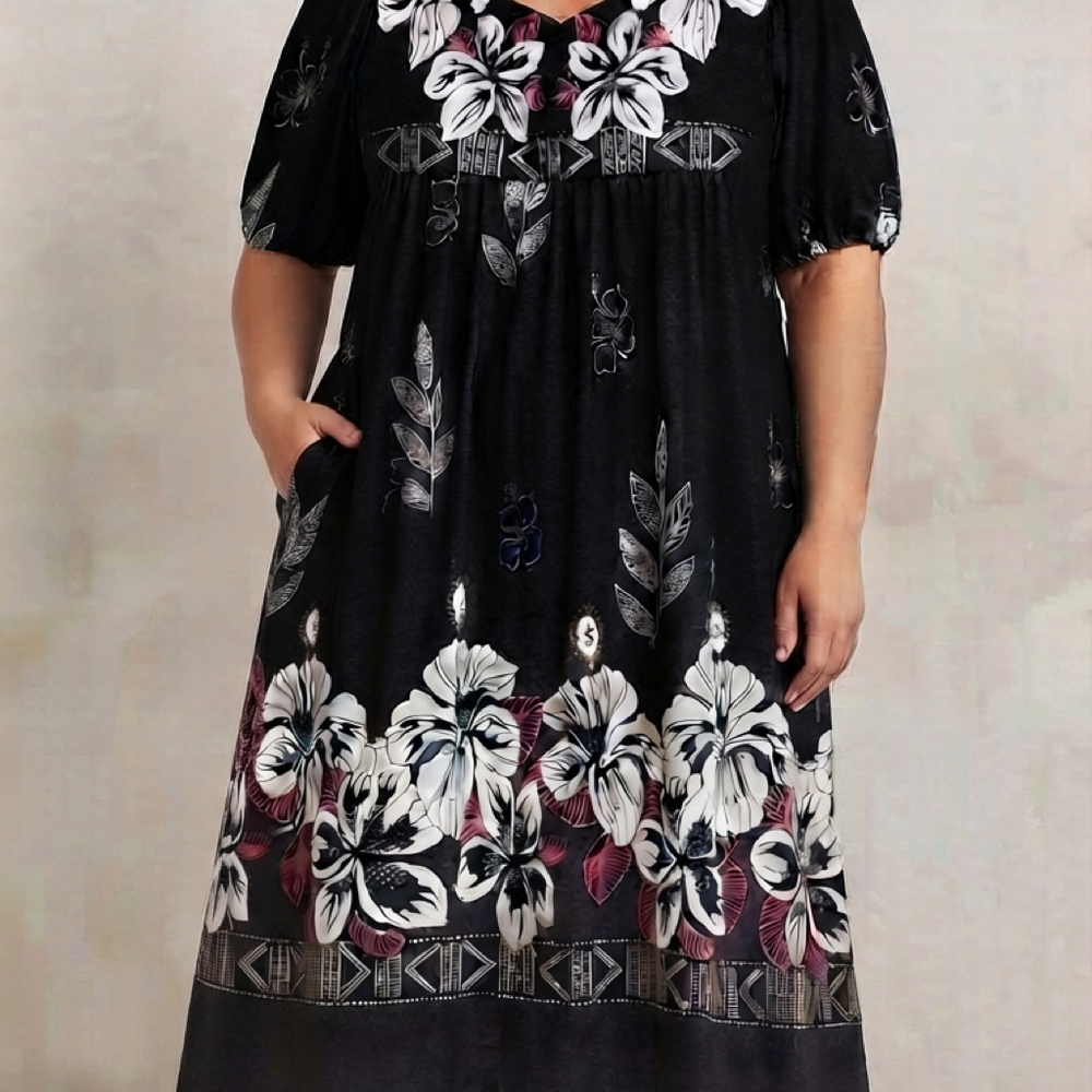 UDFORSK Black Floral Middi Dress with Pockets